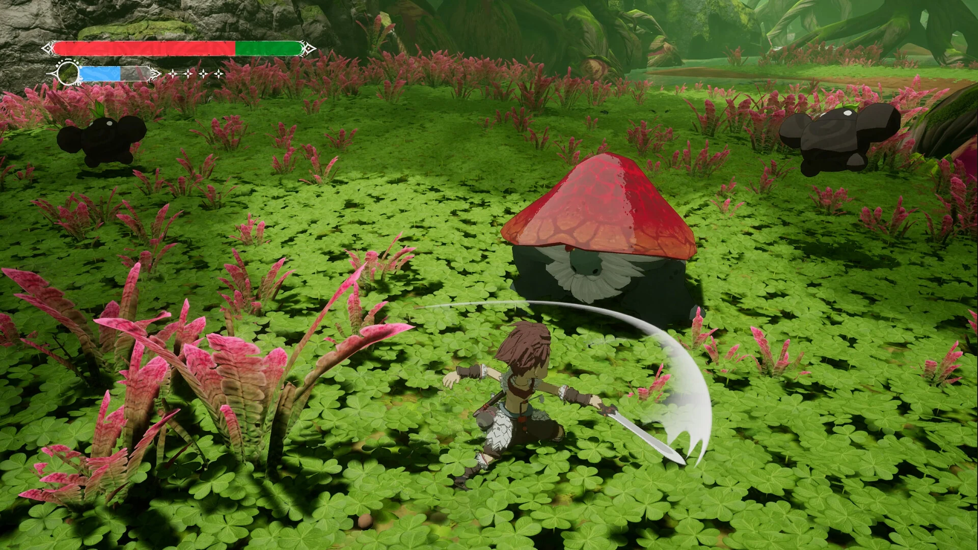 Official Winds of Viridia screenshot of combat in a forest clearing